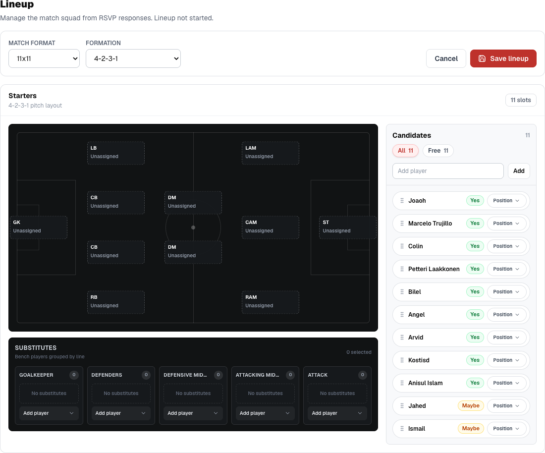 Lineup builder editor with pitch and RSVP candidates screenshot